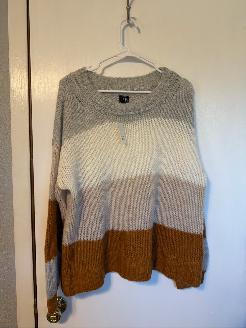 GAP Striped Crewneck Sweater in Gray, Cream & Brown